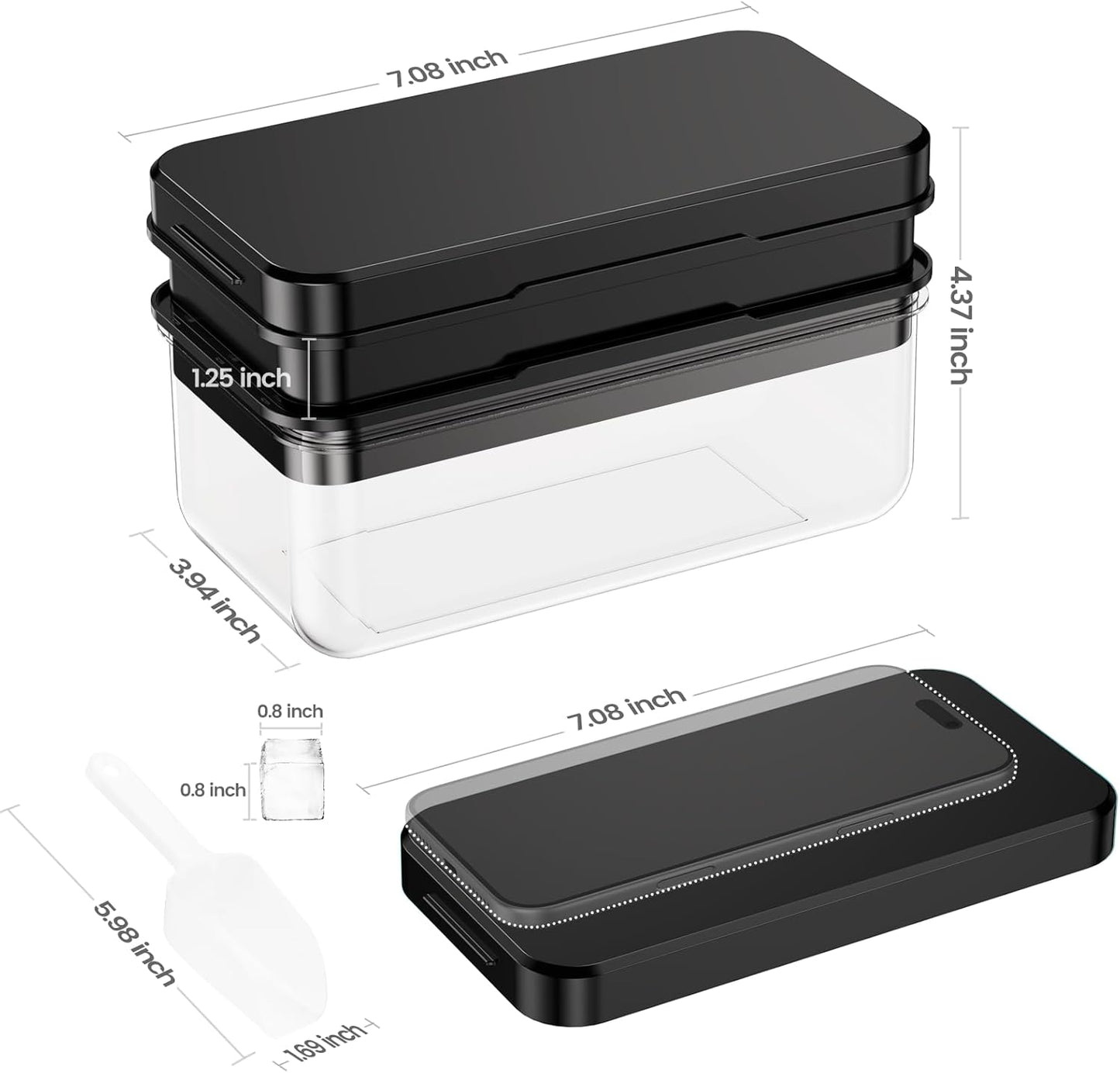 Ice Cube Tray with Lid and Bin, PHINOX 56 pcs Ice Trays for Freezer, Ice Cube Trays for Freezer with 2 trays, Container, Lid & Ice Scoop, BPA Free