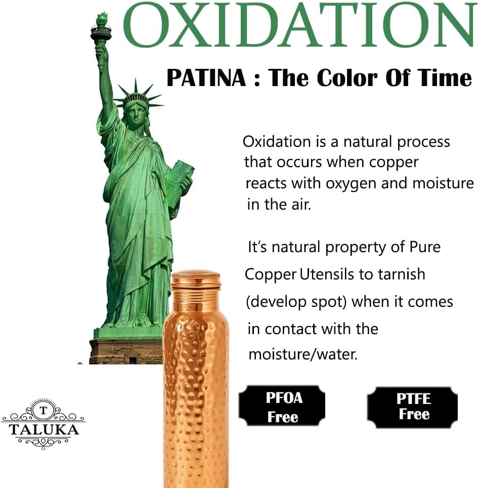 Taluka 100% Real Pure Copper Water Bottle For Drinking 34 OZ/1000 ML Hammered Copper Bottle With Straw Handcrafted Leak Proof Design Ayurveda Health Benefits For Yoga Office Travel Gym