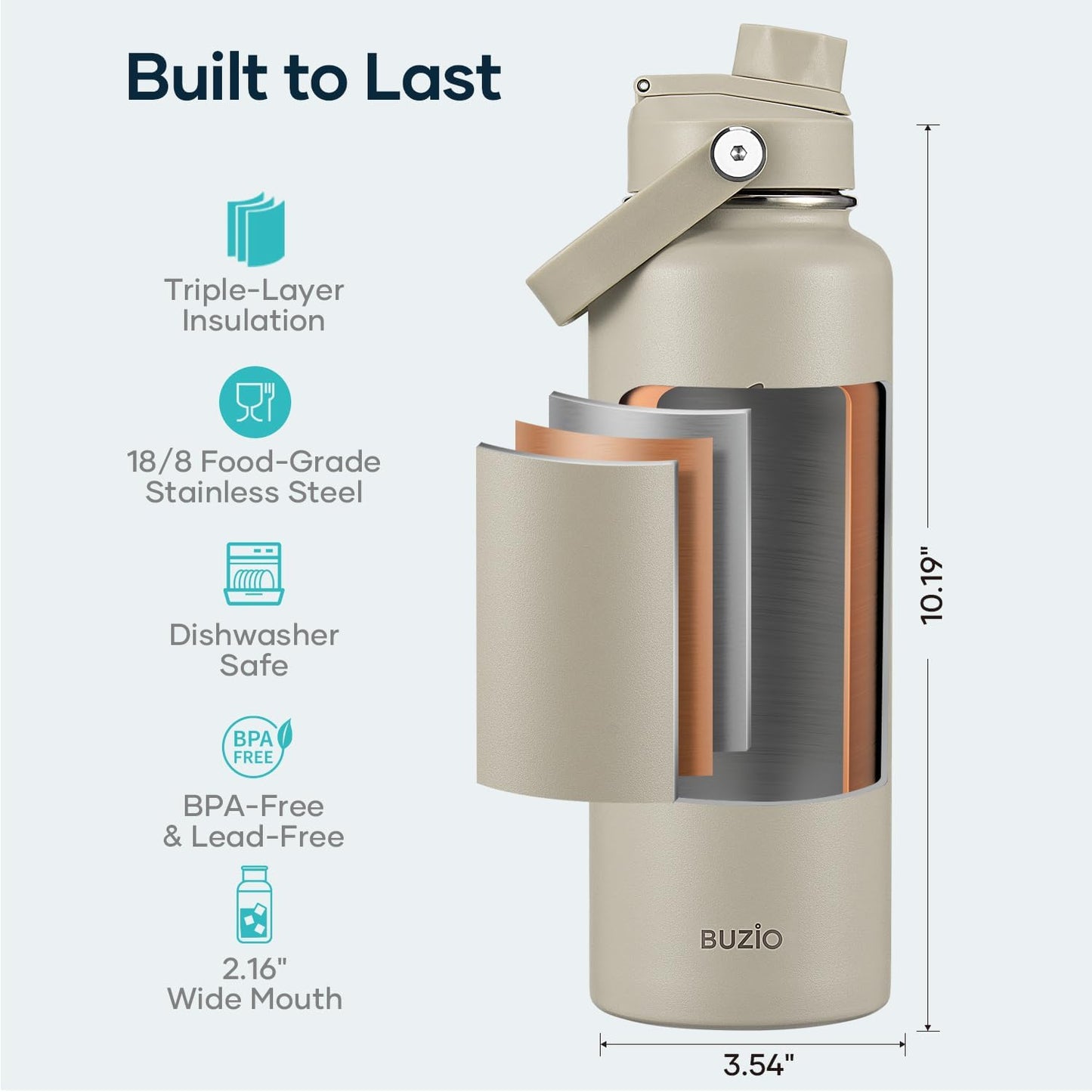 BUZIO 40oz Insulated Water Bottle, Triple Wall Vacuum Stainless Steel Water Flask with 2 lids, Lead-Free BPA-Free Straw Lid Sports Canteen Jug, Cold 48H & Hot 24H- Black - Colors A