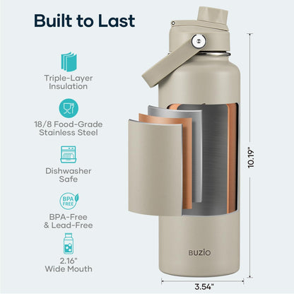 BUZIO 40oz Insulated Water Bottle, Triple Wall Vacuum Stainless Steel Water Flask with 2 lids, Lead-Free BPA-Free Straw Lid Sports Canteen Jug, Cold 48H & Hot 24H- Black - Colors A