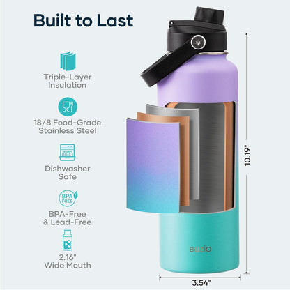 BUZIO 40oz Insulated Water Bottle, Triple Wall Vacuum Stainless Steel Water Flask with 2 lids, Lead-Free BPA-Free Straw Lid Sports Canteen Jug, Cold 48H & Hot 24H- Black - Colors B