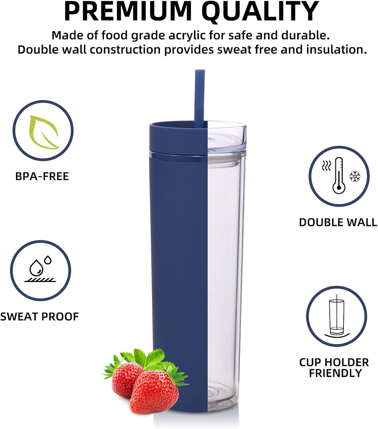 Volhoply 20oz Plastic Skinny Tumbler,Double Wall Tumblers with Lid and Straw,Reusable Travel Iced Coffee Mug,BPA Free Matte Acrylic Water Cups With Straw for Parties,DIY Gifts(Black,1 Set
