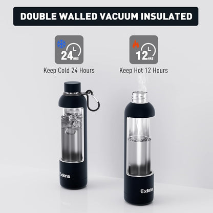 Exllena Slim Insulated Water Bottles for Travel 18oz with Clip, Double Wall Vacuum Stainless Steel Water Bottle Keeps Drinks Cold 24 Hrs/Hot 12 Hrs, 100% Leakproof, BPA Free(Black)