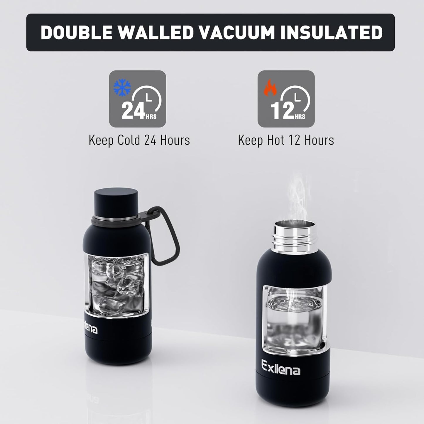 Exllena Slim Insulated Water Bottles for Travel 18oz with Clip, Double Wall Vacuum Stainless Steel Water Bottle Keeps Drinks Cold 24 Hrs/Hot 12 Hrs, 100% Leakproof, BPA Free(Black)