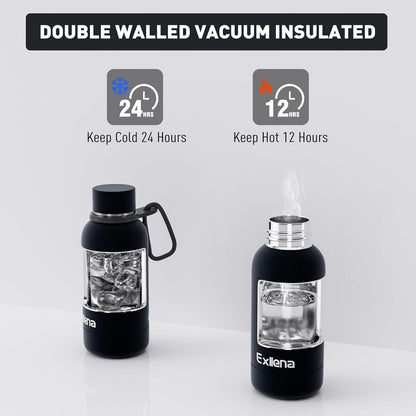 Exllena Slim Insulated Water Bottles for Travel 18oz with Clip, Double Wall Vacuum Stainless Steel Water Bottle Keeps Drinks Cold 24 Hrs/Hot 12 Hrs, 100% Leakproof, BPA Free(Black)