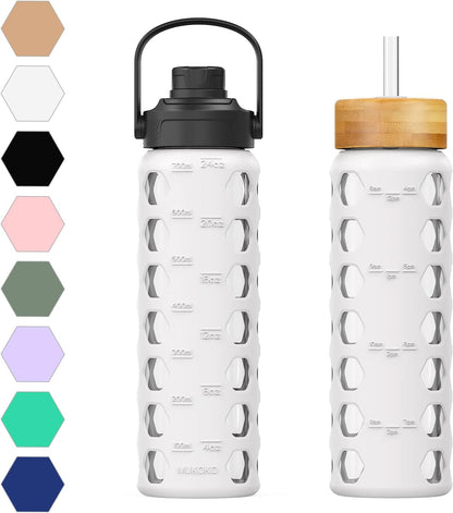 MUKOKO Glass Water Bottles, 32oz Glass Tumbler with Straw, Drinking Bottles with 2 Lids-Handle Spout Lid&Bamboo Straw Lid, Motivational Water Bottle with Time Marker and Silicone Sleeve, 1 Pack-Olive