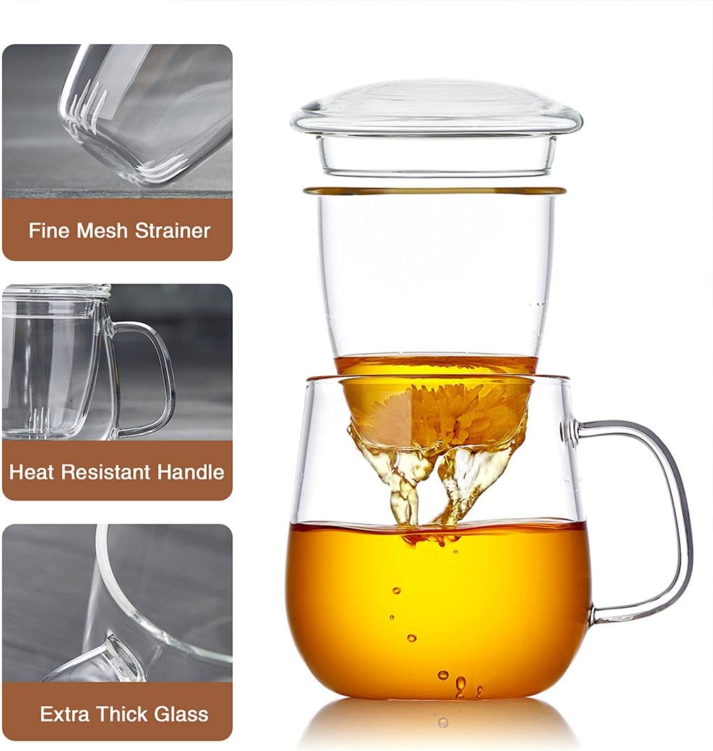 DOPUDO Glass Tea Cup with Infuser and Lid, 17.6oz/520ml Large Borosilicate Teacup,Tea Glass, Clear Mug for Loose Leaf Tea, Blooming Tea, Microwave & Dishwasher Safe - Tea Maker Gift for Birthday.