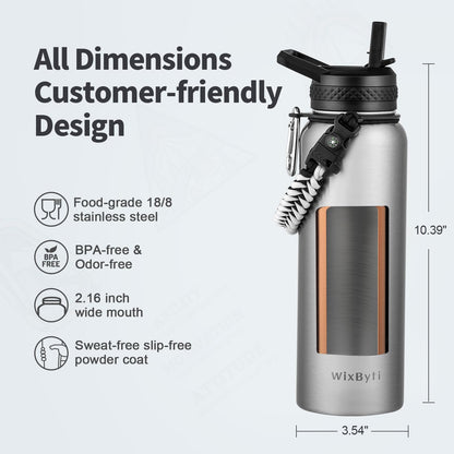 WixByti 40 oz Insulated Water Bottle with Straw (Cold for 36 Hrs), Stainless Steel Triple Wall Vacuum Sports Water Jug, Leakproof Hydro Cup Flask with Paracord Handle & Straw Spout Lids & DIY Stickers