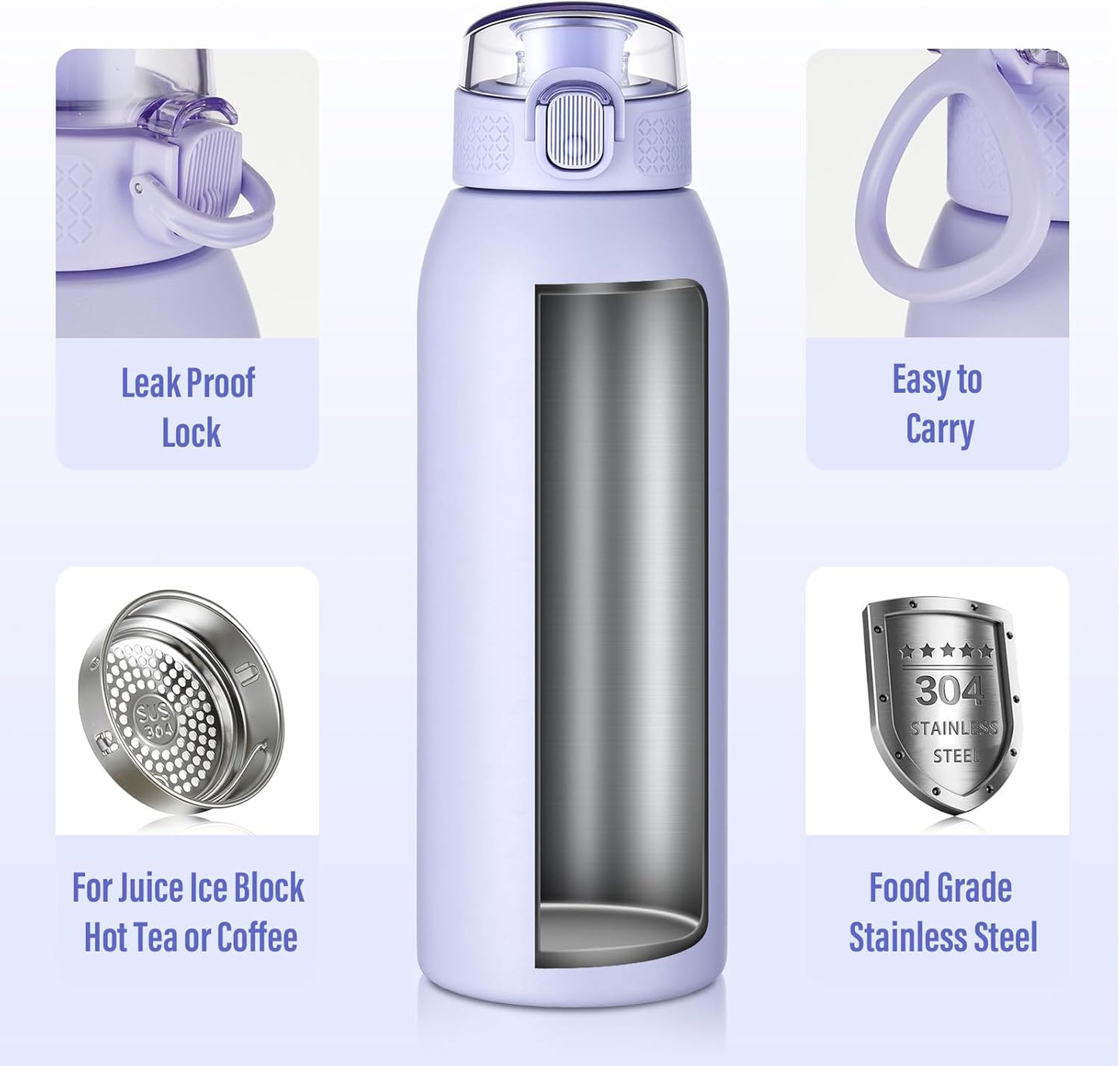 Insulated Water Bottle 24 oz with Dustproof Lid, Carry Handle & Tea Infuser, BPA-Free & Leakproof, Stainless Steel Water Bottles Ideal for Fitness, Hiking, Office & Outdoor Use (Black)