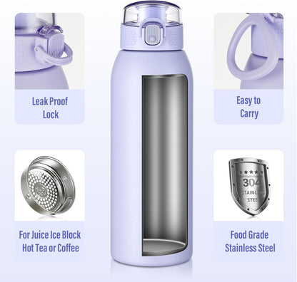 Insulated Water Bottle 24 oz with Dustproof Lid, Carry Handle & Tea Infuser, BPA-Free & Leakproof, Stainless Steel Water Bottles Ideal for Fitness, Hiking, Office & Outdoor Use (Black)