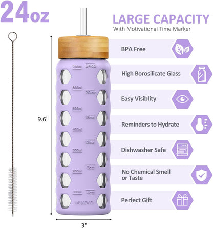 MUKOKO Glass Water Bottles, 32oz Glass Tumbler with Straw, Drinking Bottles with 2 Lids-Handle Spout Lid&Bamboo Straw Lid, Motivational Water Bottle with Time Marker and Silicone Sleeve, 1 Pack-Olive