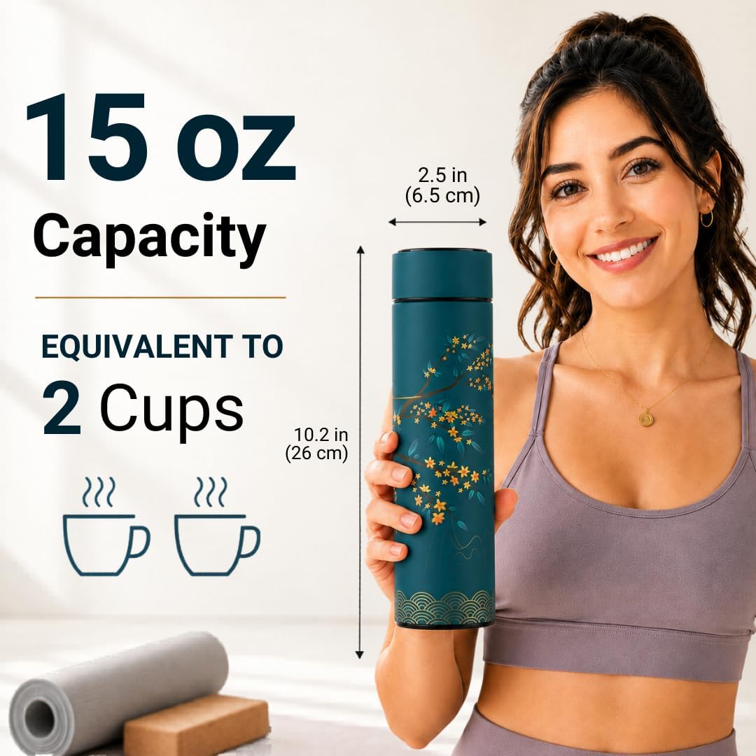 Farasi Tea Infuser for Loose Leaf Tea Smart Water Bottle with Temperature Display, Stainless Steel Insulated Coffee and Fruit Tea Infuser Bottle - Green Floral Travel Tea Mugs 15 oz