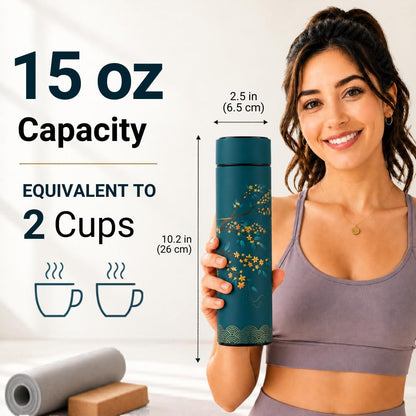 Farasi Tea Infuser for Loose Leaf Tea Smart Water Bottle with Temperature Display, Stainless Steel Insulated Coffee and Fruit Tea Infuser Bottle - Green Floral Travel Tea Mugs 15 oz