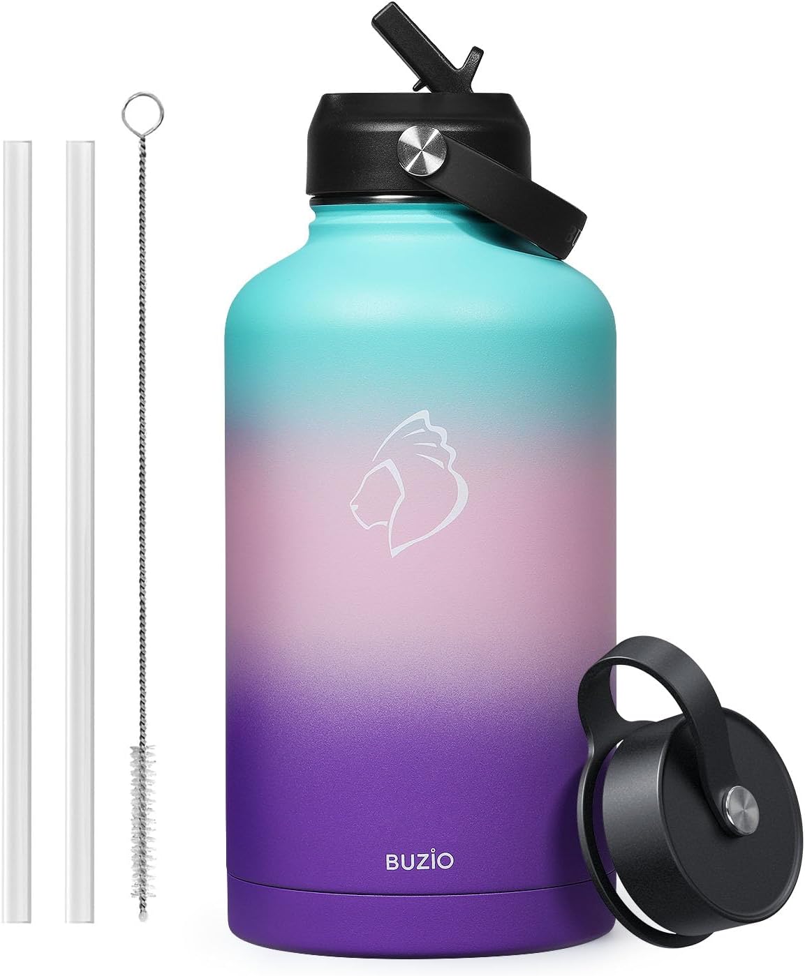 BUZIO 40oz Insulated Water Bottle, Triple Wall Vacuum Stainless Steel Water Flask with 2 lids, Lead-Free BPA-Free Straw Lid Sports Canteen Jug, Cold 48H & Hot 24H- Black - Colors B
