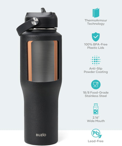 BUZIO 40oz Insulated Water Bottle Fits in Any Car Cup Holders, 40oz Vacuum Insulated Tumbler with Lids and Straw for Water, Travel Mug Cupholder Friendly, Leakproof Keep Cold & Hot, Indigo Crush