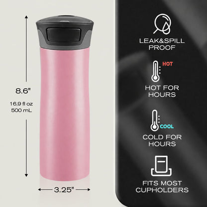 17 oz / 500 ml Travel Coffee Mug, One-Handed Pink Insulated Coffee Tumbler with Lid, Leak Proof Stainless Steel Coffee Cup, Reusable Water Bottle for Office, Car, Travel, Hot Coffee and Cold Drinks