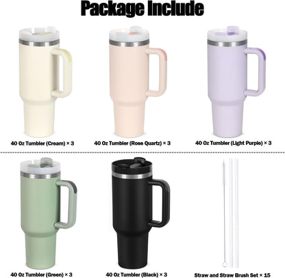 15 Pack 40 Oz Tumbler with Handle and Straw Bulk, 40 Oz Tumbler Stainless Steel Vacuum Insulation Keep Hot and Cold, 40 Oz Travel Coffee Mug with Silicone Spill Proof Stopper Set, Individually Boxed