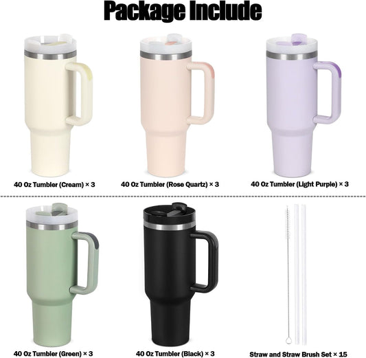 15 Pack 40 Oz Tumbler with Handle and Straw Bulk, 40 Oz Tumbler Stainless Steel Vacuum Insulation Keep Hot and Cold, 40 Oz Travel Coffee Mug with Silicone Spill Proof Stopper Set, Individually Boxed