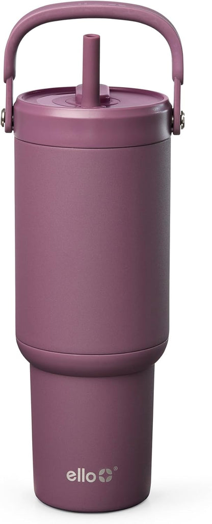 Ello Oasis Go+ 26oz Tumbler with Top Handle and Retracting Straw | Reusable Insulated Stainless Steel Cup, 100% Leakproof Water Bottle, 24 Hours Cold, Cup Holder Friendly For Travel | Wild Rasberry