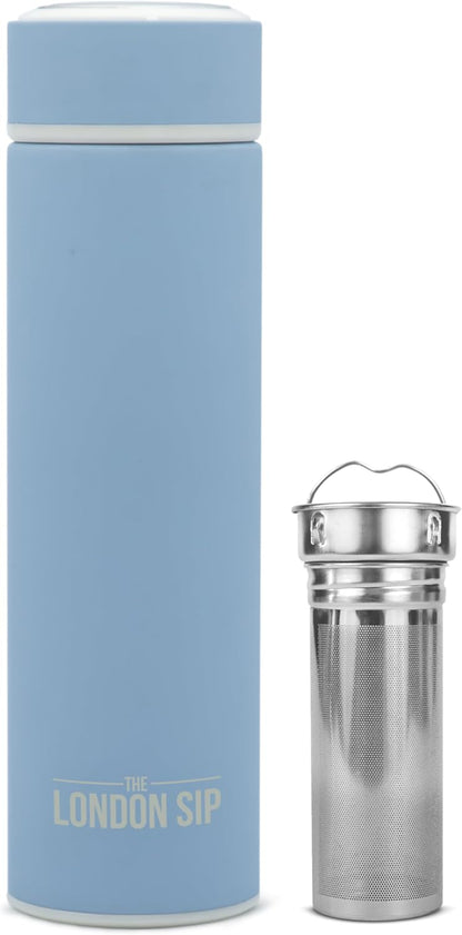 The London Sip Multi-Purpose Travel Mug and Tumbler Fruit Infused Flask Hot and Cold Double Wall Stainless Steel Thermos with Extra-Long Infuser, Purple