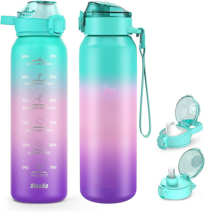 SLUXKE 24oz Insulated Water Bottle 18/10 Stainless Steel with 2Lids(Straw Lid& Spout Lids), 700ml Double Wall Vacuum Water Bottle with Handle Keep Cold and Hot for Men, Women & Kids PURPLE PINK