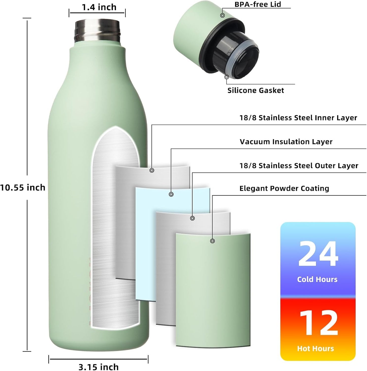 BJPKPK Insulated Water Bottles, 18 oz Stainless Steel Metal Water Bottle with Strap, BPA Free Leak Proof Jugs, Mugs, Flasks, Reusable Thermal Flasks for Sports & Travel, Black - Colors A