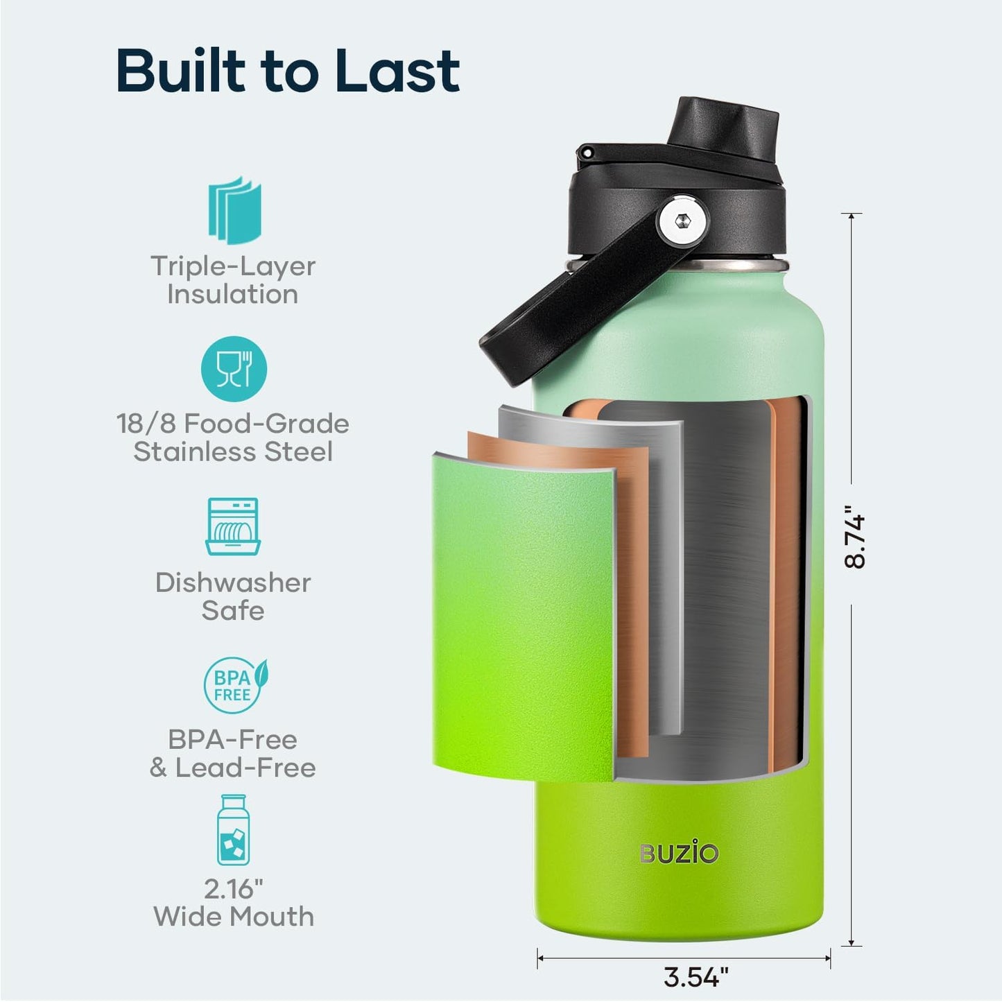 BUZIO 40oz Insulated Water Bottle, Triple Wall Vacuum Stainless Steel Water Flask with 2 lids, Lead-Free BPA-Free Straw Lid Sports Canteen Jug, Cold 48H & Hot 24H- Black - Colors A