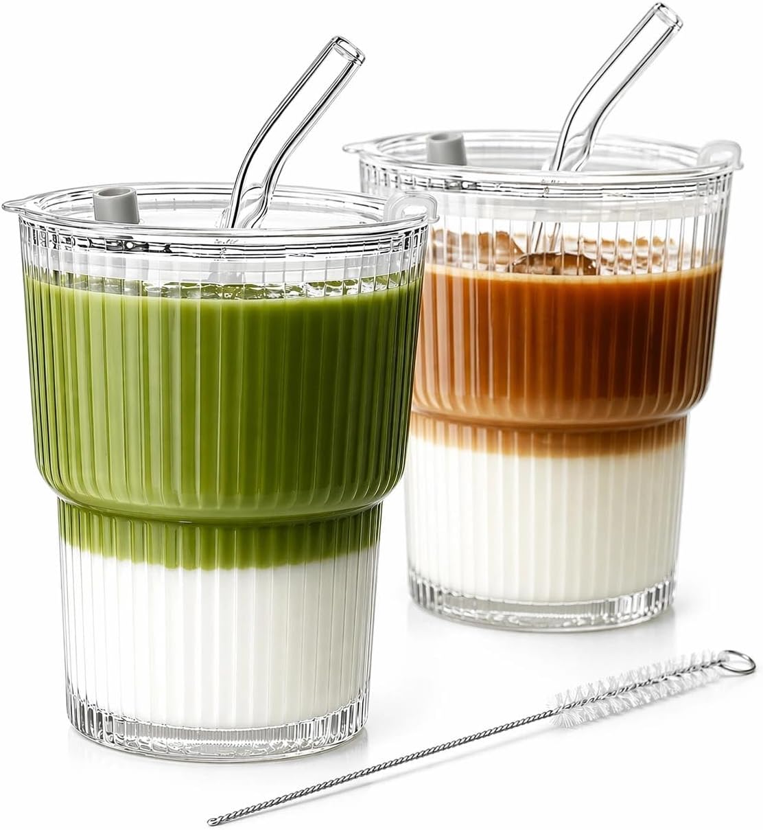 Ribbed Glass Tumbler with Lid and Straws, Resuable Ice Coffee Cups, To Go Iced Coffee Cups for Water, Smoothie, Matcha, Iced Tea Fruit Juice, Clear, 13oz, Set of 2