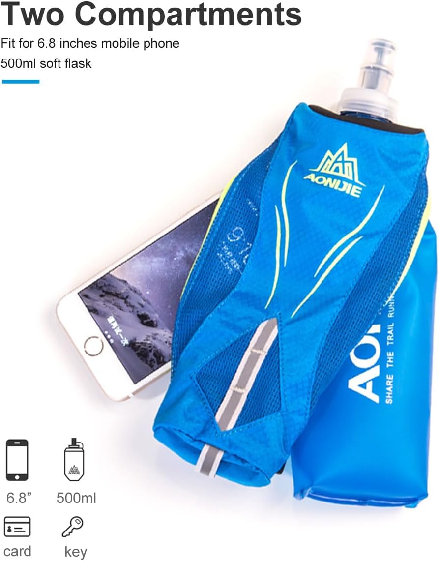 AONIJIE Running Water Bottle Hand Held for Runners, Fit 6.8 Inches Phone, Collapsible 17oz/500ml Soft Flask, Adjustable Strap Handheld for Walking, Hiking