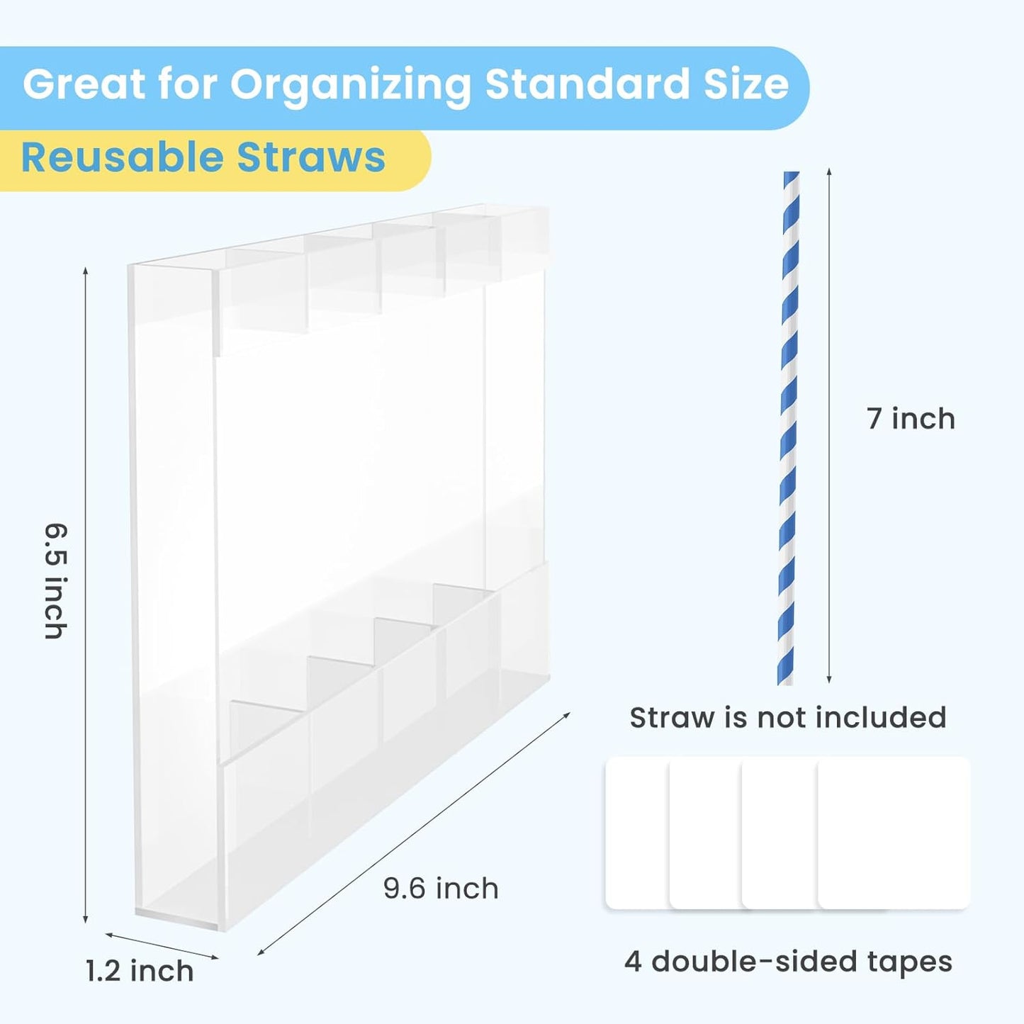 Acrylic Straw Holder for Cabinet, Reusable Straw Organizer with Double Sided Adhesive Tape Tumbler Straws Storage Container for Cupboard Drinking Straws Dispenser for Kitchen Counter (Transparent)