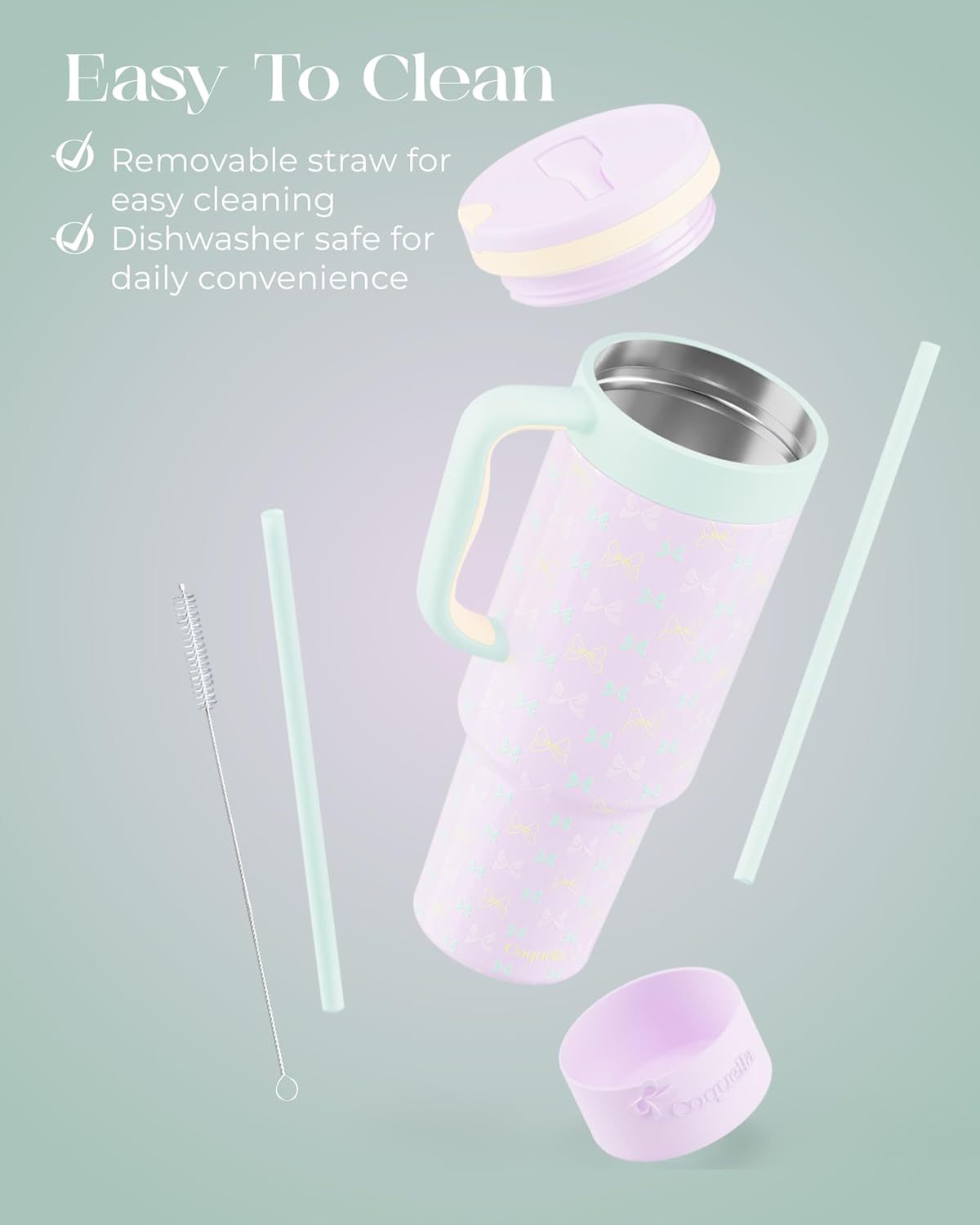 40 oz Insulated Tumbler with Handle and Push-Button Straw Lid, Stainless Steel Travel Cup for Gym Office, Leakproof, BPA-Free, Cup Holder Friendly, Bow Silicone Boot, Purple (Light Lilac)