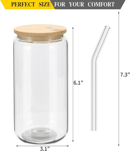 YOUKE OLA 20 Pack Glass Cups with Bamboo Lids and Glass Straw 16oz Beer Can Shaped Drinking Glasses Cups, Glass Tumbler Reusable Cute Cups for Whiskey, Iced Coffee, Tea, Soda, Cocktail, Gift, Clear