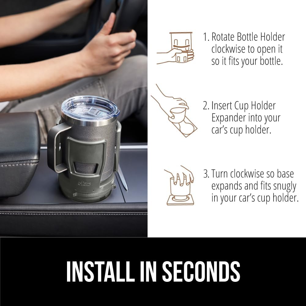 GORILLA GRIP Patent Pending Adjustable Car Cup Holder Expander, Keeps Water Bottle Secure, Expands to Fit 18 to 48 oz Large Bottles, Yeti, Owala, Stanley with Handle, Coffee Mug Insert for Cars, Black