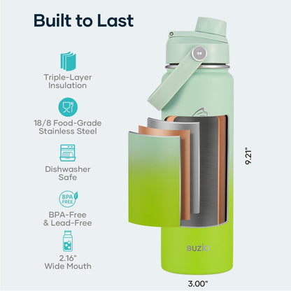 BUZIO 40oz Insulated Water Bottle, Triple Wall Vacuum Stainless Steel Water Flask with 2 lids, Lead-Free BPA-Free Straw Lid Sports Canteen Jug, Cold 48H & Hot 24H- Black - Colors A