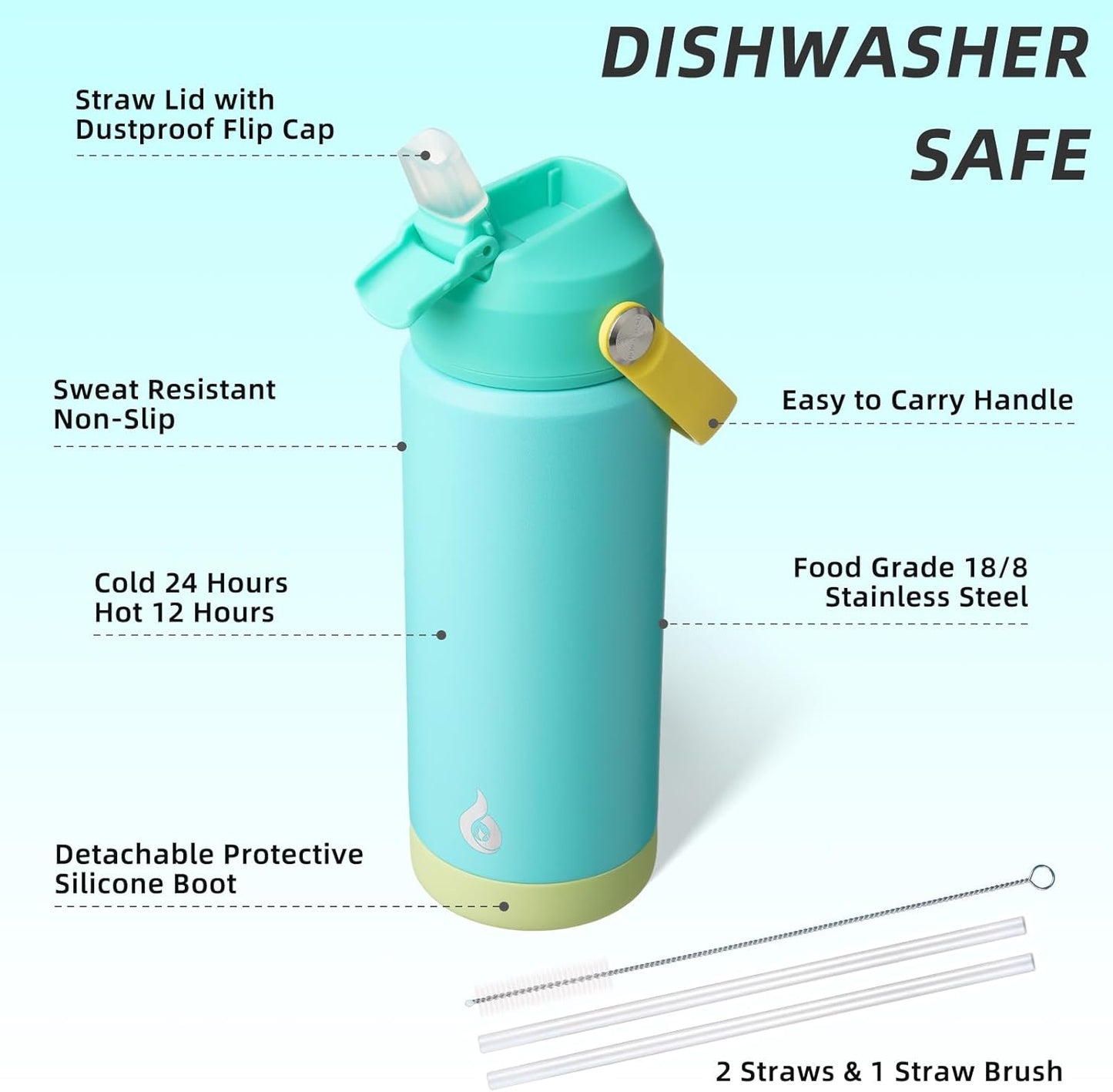 BJPKPK Insulated Water Bottle with Straw Lid, 18oz Thermo Water Bottles with Soft Nozzle, Flex Handle & Non-slip Boot, BPA Free Leak Proof Stainless Steel Metal Thermo, Tumblers, Cups,Sea Salt