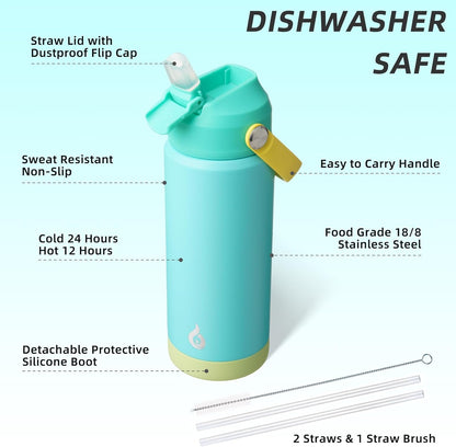 BJPKPK Insulated Water Bottle with Straw Lid, 18oz Thermo Water Bottles with Soft Nozzle, Flex Handle & Non-slip Boot, BPA Free Leak Proof Stainless Steel Metal Thermo, Tumblers, Cups,Sea Salt