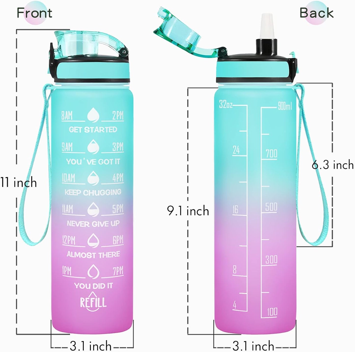 Enerbone Water Bottle, Leakproof BPA & Toxic Free, Motivational Water Bottle with Times to Drink and Straw, Fitness Sports Water Bottle with Strap for Office, Gym, Outdoor Sports