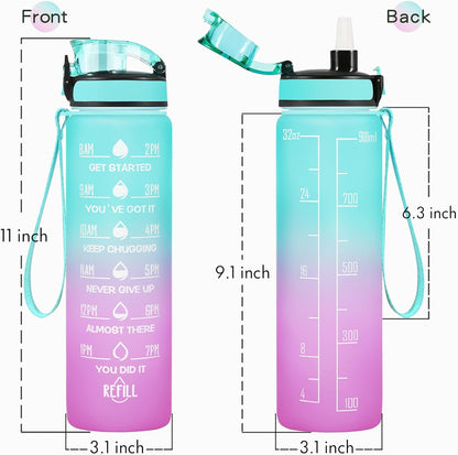 Enerbone Water Bottle, Leakproof BPA & Toxic Free, Motivational Water Bottle with Times to Drink and Straw, Fitness Sports Water Bottle with Strap for Office, Gym, Outdoor Sports