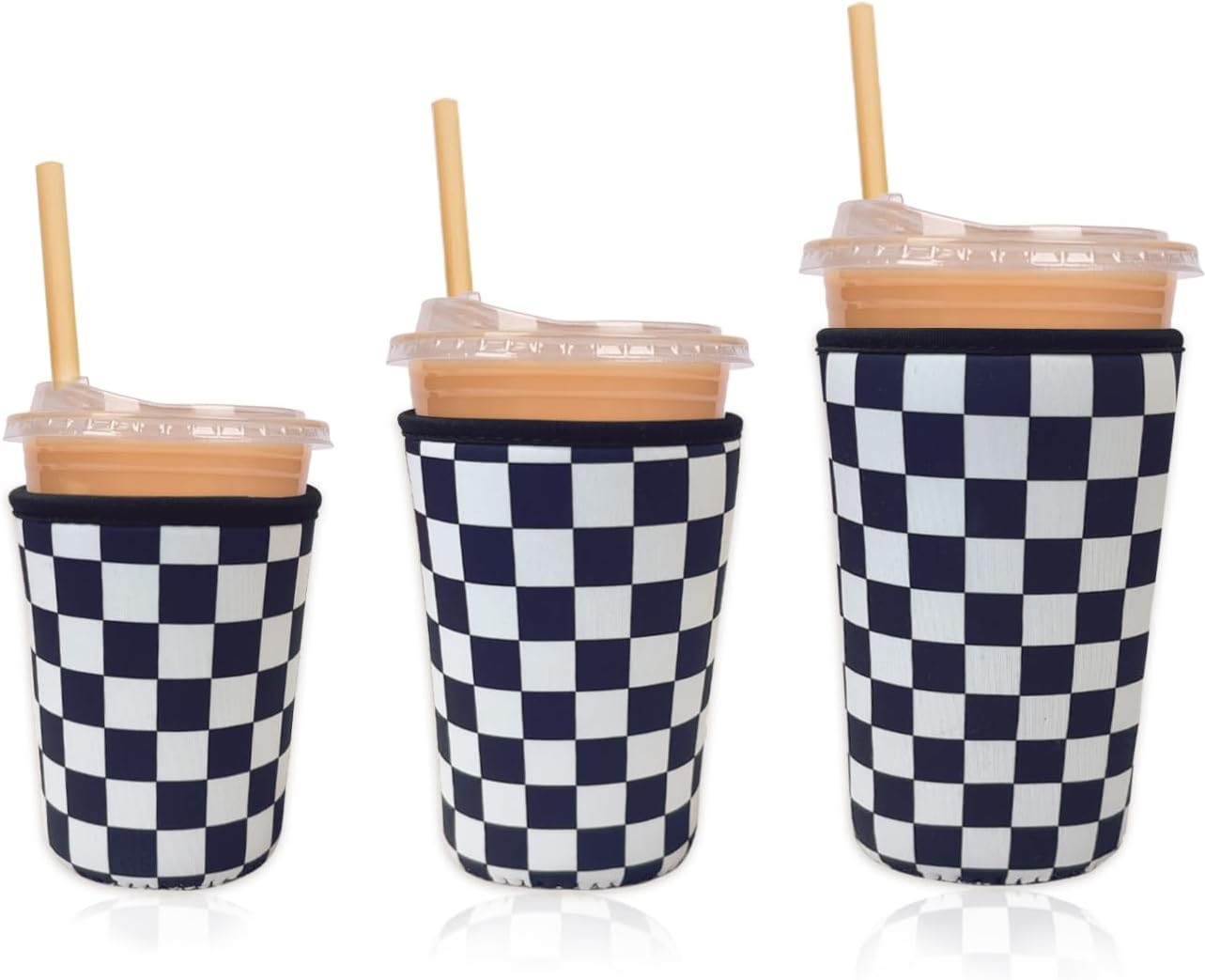 Reusable Insulated Neoprene Iced Coffee Cup Sleeve, Durable Drink Sleeve for Cold Beverages, Beverage Holder for Iced Coffee, Floral Checkers