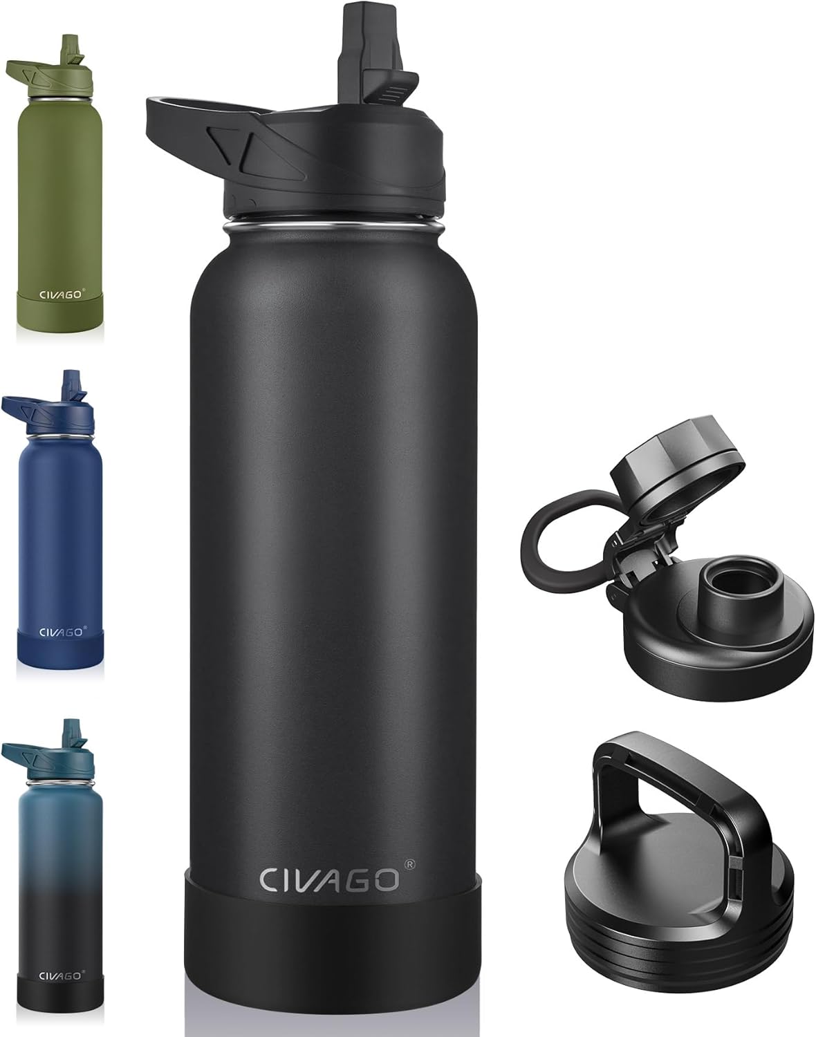 CIVAGO 32 oz Insulated Water Bottle With Straw, Stainless Steel Sports Water Cup Flask with 3 Lids (Straw, Spout and Handle Lid), Wide Mouth Travel Thermal Mug, Black