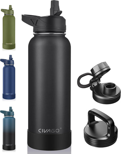 CIVAGO 32 oz Insulated Water Bottle With Straw, Stainless Steel Sports Water Cup Flask with 3 Lids (Straw, Spout and Handle Lid), Wide Mouth Travel Thermal Mug, Black