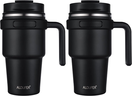 20 oz Insulated Coffee Mug Tumbler with Handle, Stainless Steel Travel Mug Tumbler with Lid and Straw,Double Wall Vacuum Leak Proof Ice Coffee Thermal Cup, Black