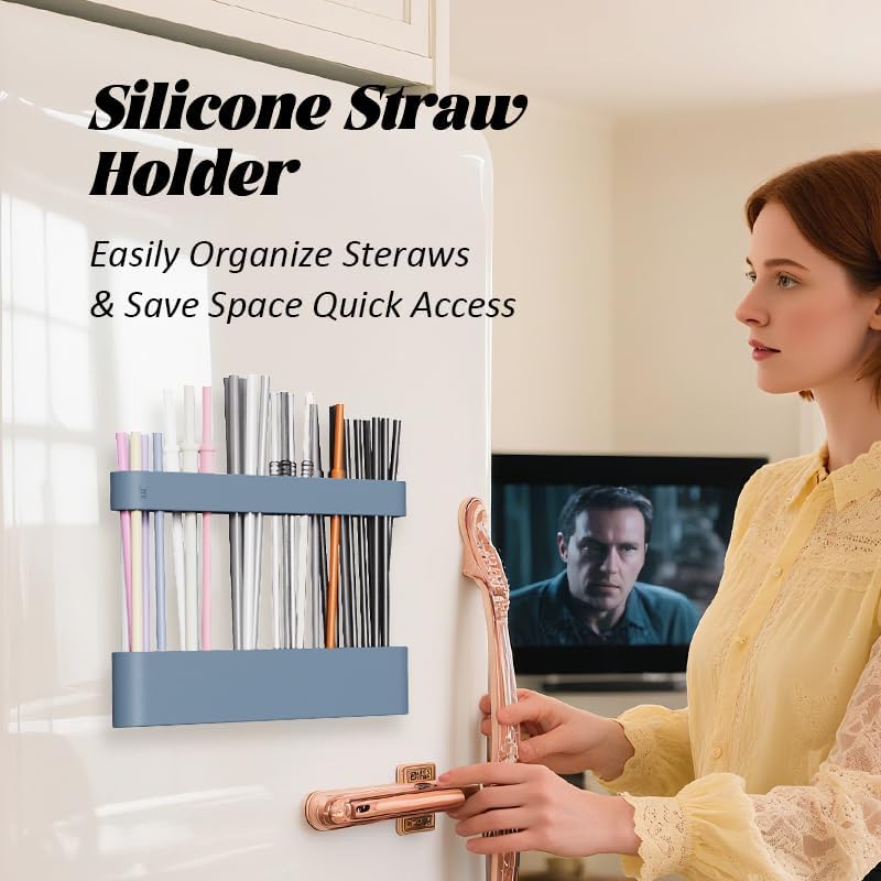 Silicone Straw Holder Self-Adhesive Straw Dispenser with 6 Slots Reusable Drinking Straw Storage Organizer Kitchen Accessories Container for Cabinet Fridge Cupboard Door (Blue)