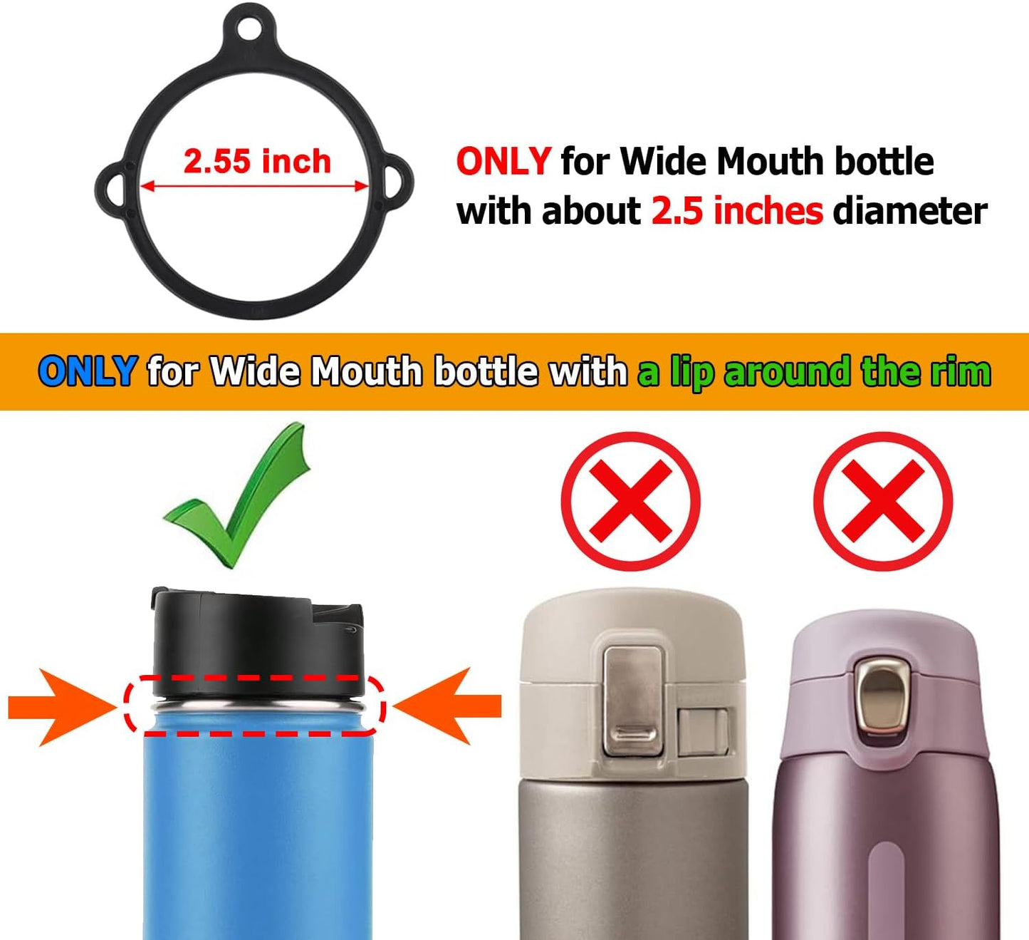 CM Water Bottle Handle Strap Carrier Handle Neoprene Holder Strap with Carabiner for Wide Mouth Bottles, Fits 12 oz to 64 oz Bottle, Black Color