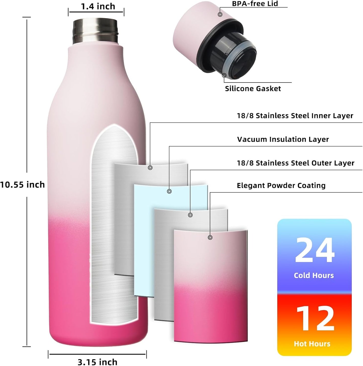 BJPKPK Insulated Water Bottles, 18 oz Stainless Steel Metal Water Bottle with Strap, BPA Free Leak Proof Jugs, Mugs, Flasks, Reusable Thermal Flasks for Sports & Travel, Black - Colors B