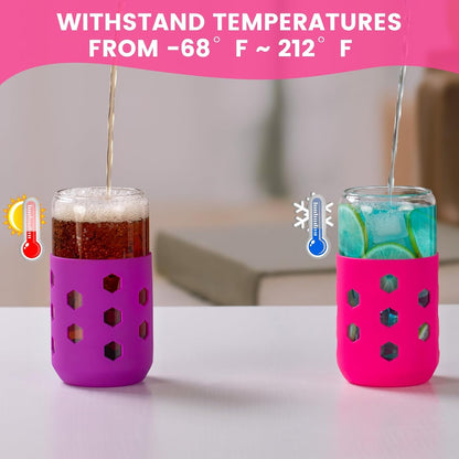 Mrsdry Glass Cups with Lids and Straws (4 Pcs), 16oz Drinking Glasses Set with Silicone Sleeves for Coffee Bar Accessories Iced Coffee Cups with Lids, Glass Tumbler Reusable for Gifts