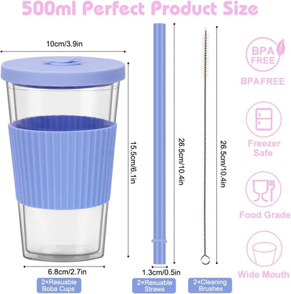 2 Pack Reusable Boba Cups, 17oz Iced Coffee With Straw and Lid, Leakproof Clear Plastic Tumbler, Double Wall Insulated Smoothie Cup, Pastel Violet and Cornflower Blue