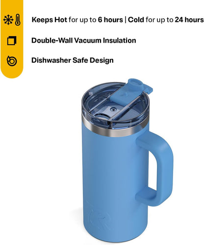 RTIC 20oz Road Trip Travel Mug with Lid and Handle, Ceramic Lined, Insulated, Stainless Steel, Metal, Double Wall Vacuum-Insulation, Portable Coffee, Tea Cup for Hot and Cold Drink, Black