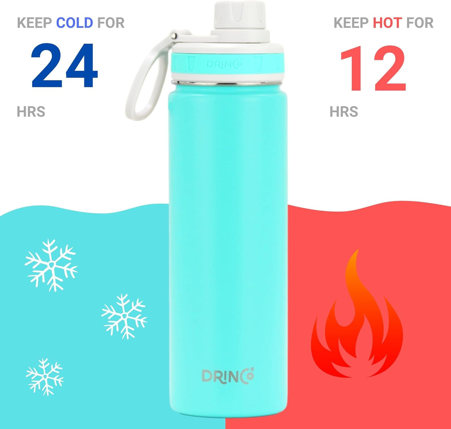 Drinco Stainless Steel Water Bottle Spout Lid Vacuum Insulated Double Wall Water Bottle Wide Mouth (40oz 32oz 22oz 18oz 14oz) Leak Proof Keep Cold Sport Camping Hiking (22 oz, 22oz Black)