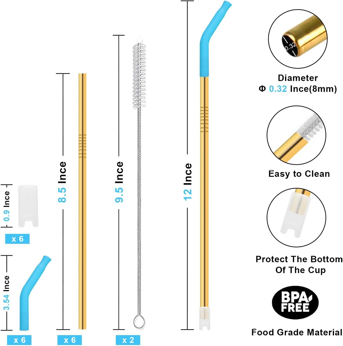 Reusable Stainless Steel Straws Set 6 PCS with 6 Silicone Tips, 2 Straw Brush, 1 Storage Case, Different Sizes of Metal Straws Reusable, Suitable for 14, 20, 30 oz Cups Tumbler, for Hot/Cold Drinks